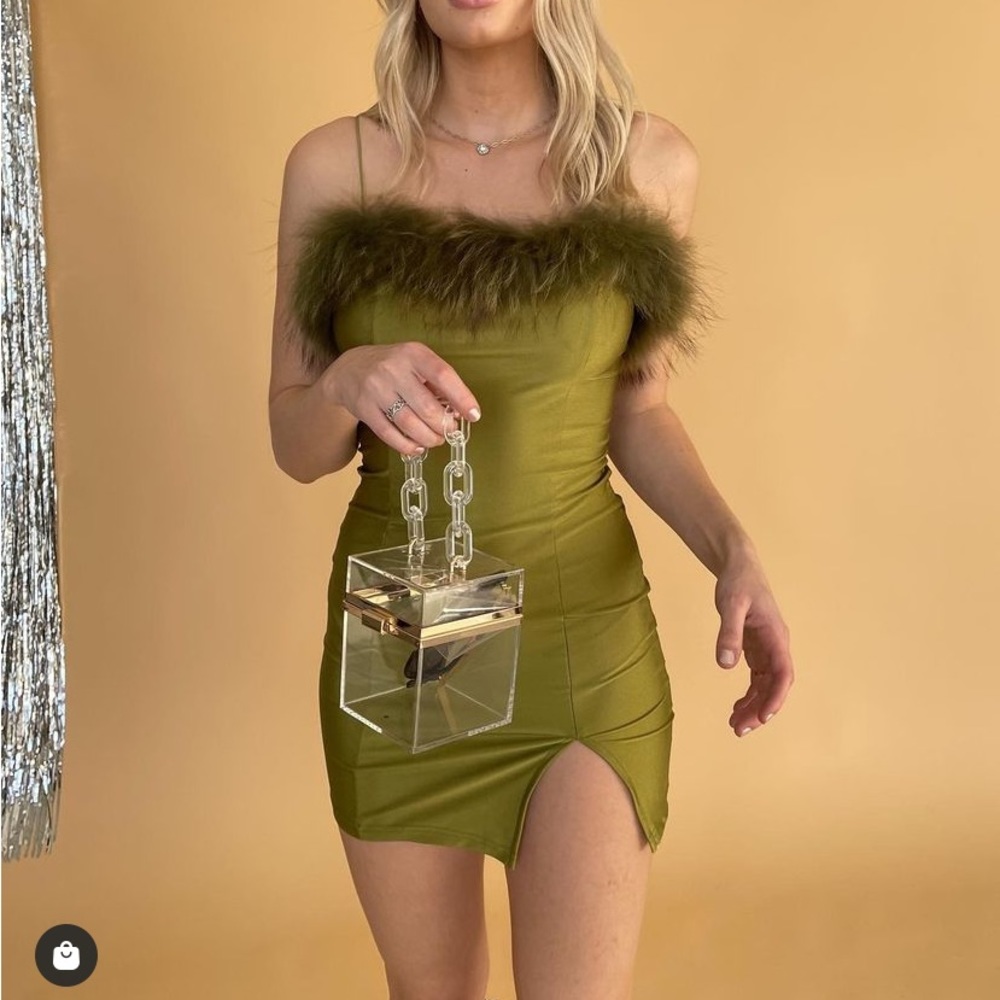 Olive Green Dress with fluff/fur and side slit
